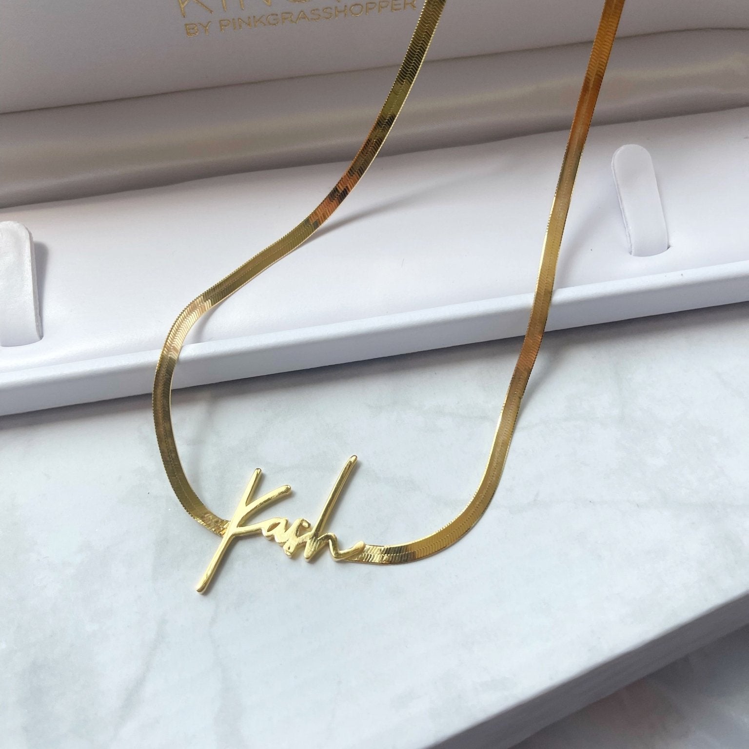 NAMEPLATE HERRINGBONE NECKLACE - KING ME Custom Jewelry