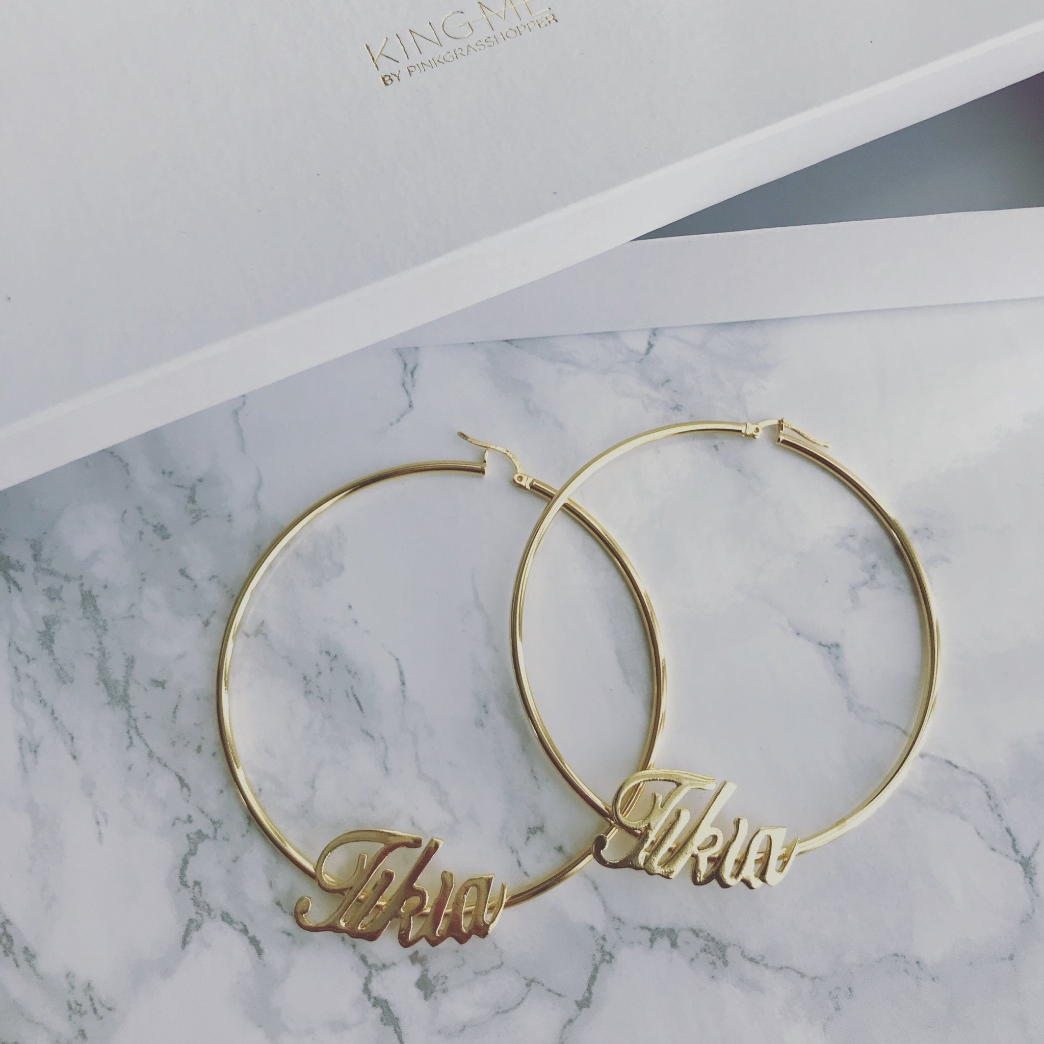 NAMEPLATE HOOP EARRINGS - KING ME Custom Jewelry by PG
