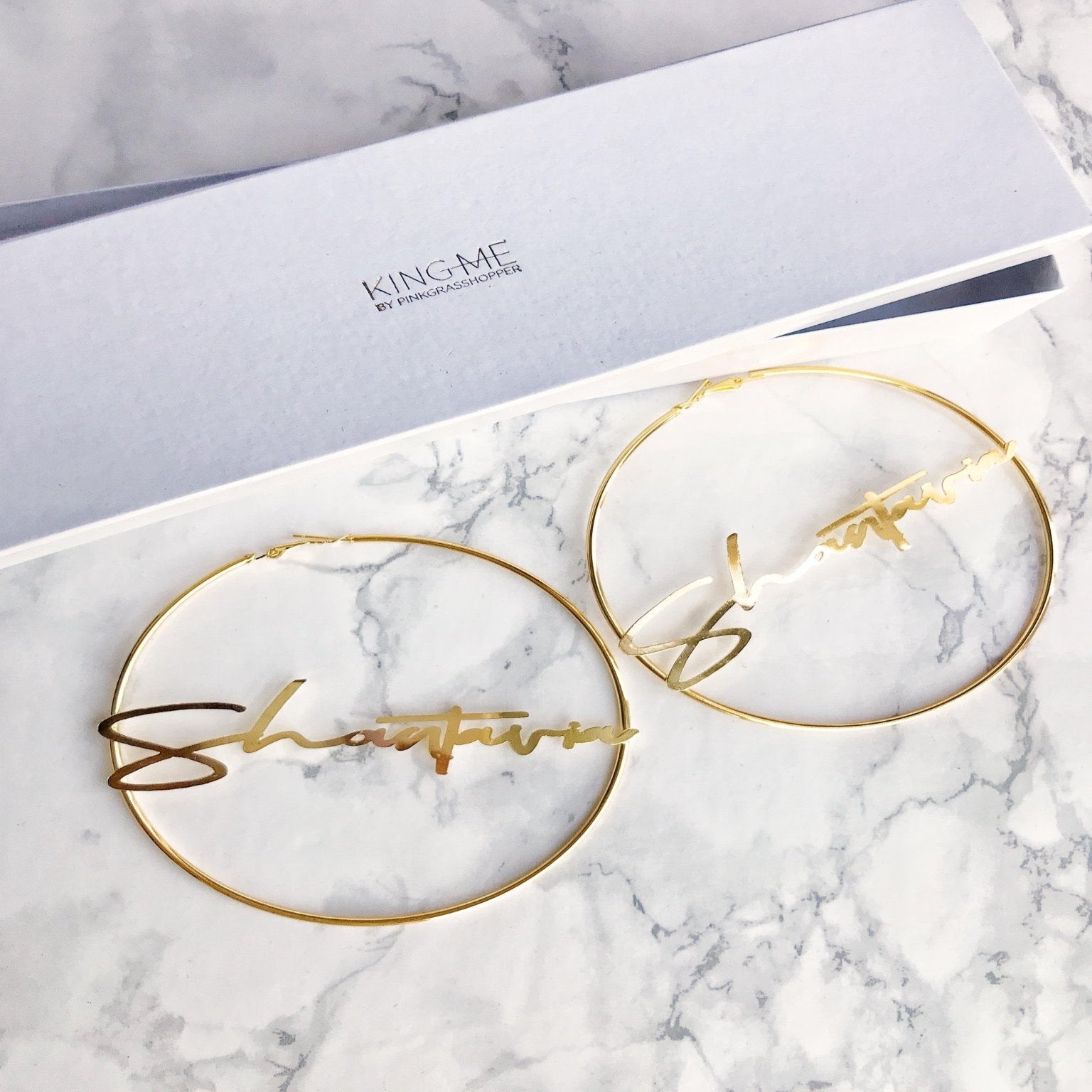 XL NAMEPLATE HOOP EARRINGS - KING ME Custom Jewelry by PG
