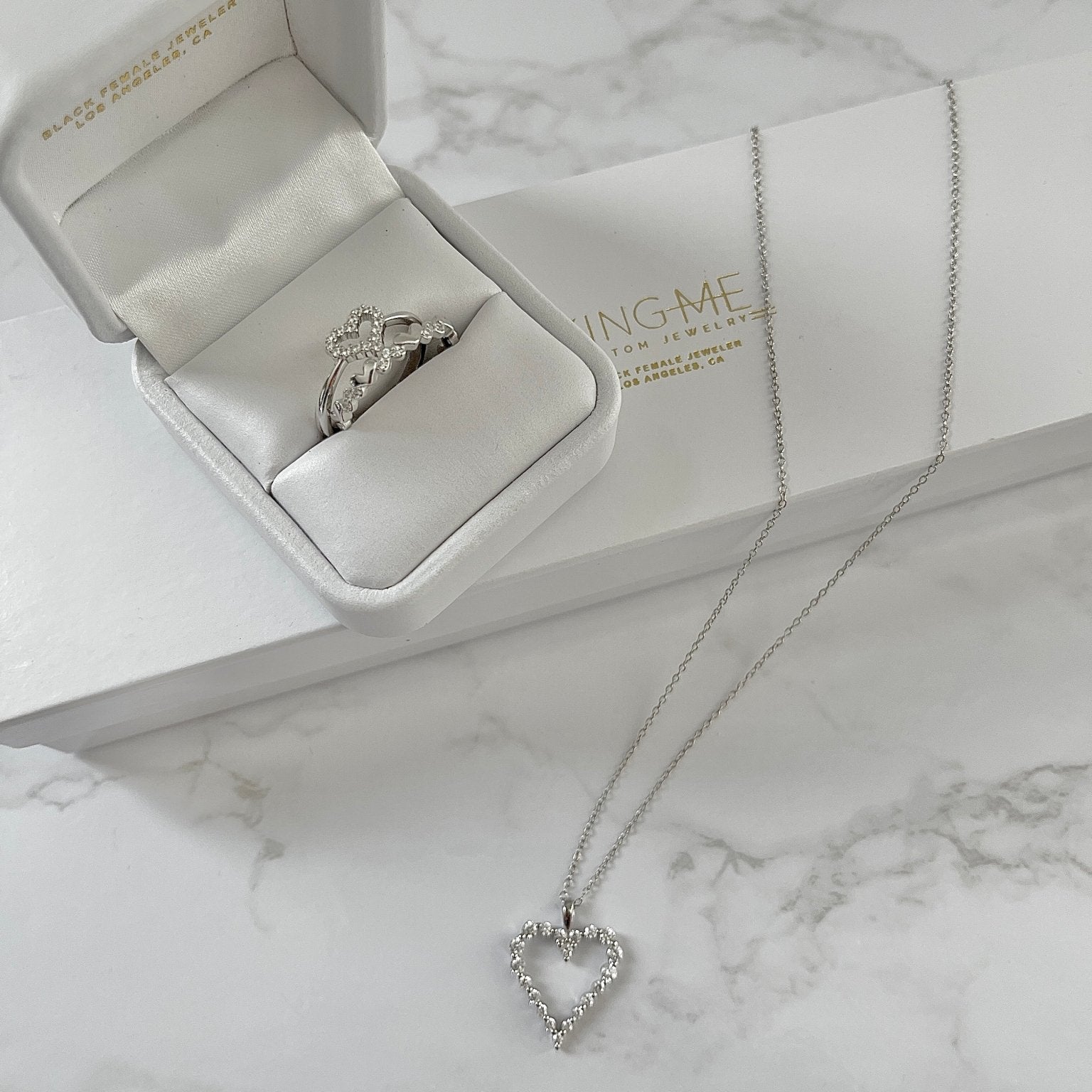 CZ OPEN HEARTS NECKLACE & RINGS SET - KING ME Custom Jewelry